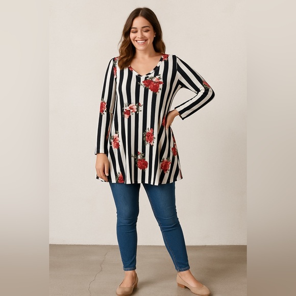 LuLaRoe Large Striped Floral Swing Dress Tunic Long Sleeve Black White Red Roses - Picture 1 of 8